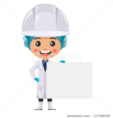 Supervisor smiling  holding a banner with space for text for advertising, presentations, brochures . Food industry engineer. Science, technology and safety in food production and processing 117490495
