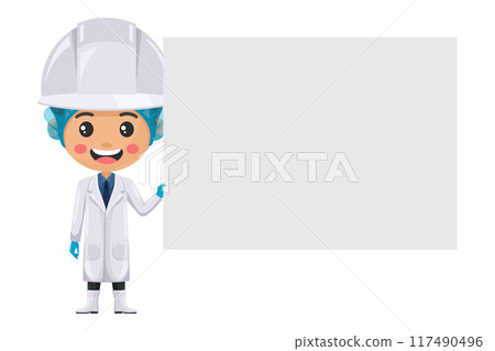 Quality control supervisor holding a banner with space for text for advertising, presentations, brochures . Food industry engineer. Science, technology and safety in food production and processing 117490496