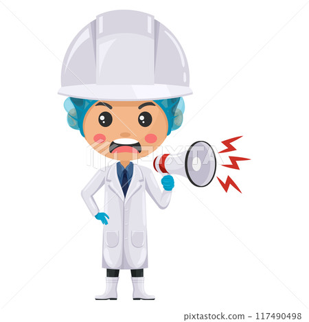 Angry quality control supervisor production line making an announcement with a megaphone. Food industry engineer. Chief food safety. Science, technology and safety in food production and processing Angry quality control supervisor production line making an announcement with a megaphone. Food industry engineer. Chief food safety. Science, technology and safety in food production and processing 117490498