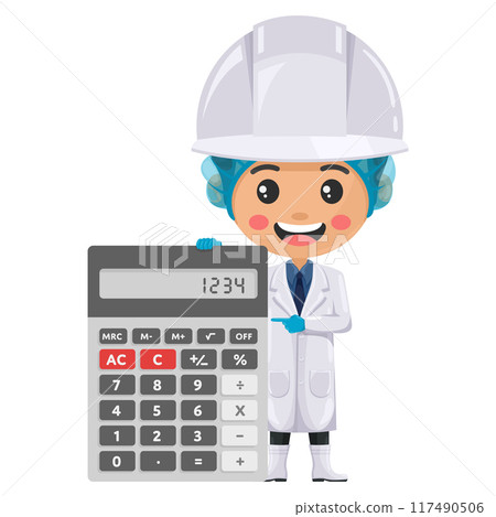 Quality control supervisor with a calculator for financial analysis, accounting and budget calculation. Food industry engineer. Chief food safety. Safety in food production and processing 117490506