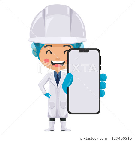 Quality control supervisor with mobile phone. Communication, notification and contact. Food industry engineer. Chief food safety. Science, technology and safety in food production and processing 117490510