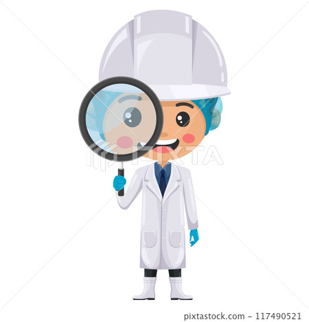 Quality control supervisor looking through a magnifying glass. Concept of food study and research. Food industry engineer. Chief food safety. Science, technology and safety in food production 117490521