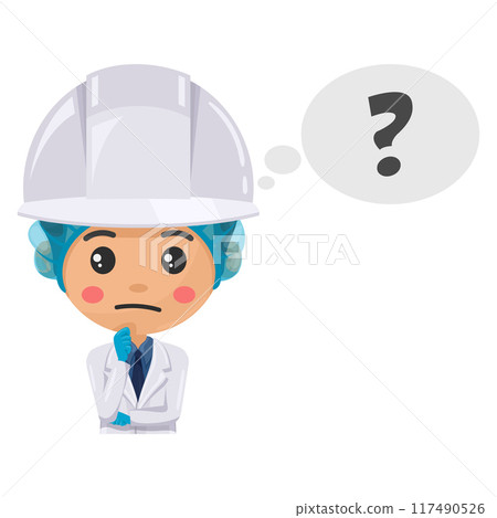 Quality control production supervisor expressing doubt and uncertainty, thinking with a dialogue cloud with a question sign. Question sign for FAQ concept. Food industry engineer. Chief food safety 117490526