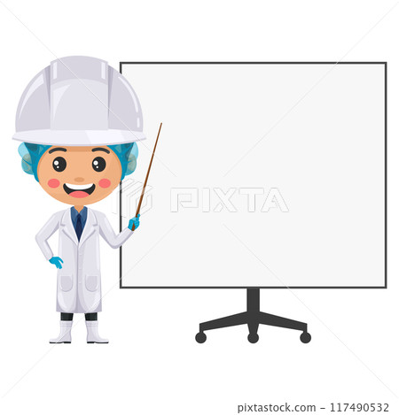 Quality control supervisor in food production line coat giving a talk or training on a whiteboard in a meeting. Food industry engineer. Chief food safety. Safety in food production and processing Quality control supervisor in food production line coat giving a talk or training on a whiteboard in a meeting. Food industry engineer. Chief food safety. Safety in food production and processing 117490532