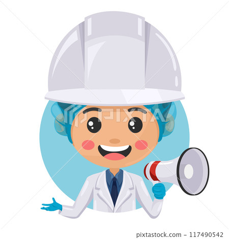 Quality control supervisor in food production line making an announcement with a megaphone. Food industry engineer. Chief food safety. Science, technology and safety in food production and processing 117490542