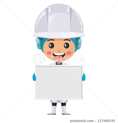 Quality control supervisor holding a whiteboard with space for text, advertising, presentations, brochures . Food industry engineer. Science, technology and safety in food production and processing 117490545