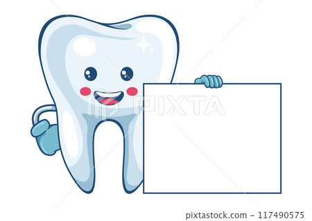 Cartoon of a tooth holding a banner with space for text for advertising. Prevention, diagnosis and treatment of tooth and gum diseases. Dental hygiene and oral care. Tooth decay prevention 117490575