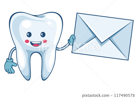 Cartoon of a tooth character with letter envelope for email. Prevention, diagnosis and treatment of tooth. Dental hygiene and oral care. Tooth decay prevention. Health and medicine concept Cartoon of a tooth character with letter envelope for email. Prevention, diagnosis and treatment of tooth. Dental hygiene and oral care. Tooth decay prevention. Health and medicine concept 117490578