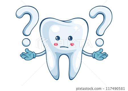 Tooth cartoon expressing doubt with a question mark. Question mark for FAQ concept. Prevention, diagnosis and treatment of tooth and gum diseases. Dental hygiene and oral care. Tooth decay prevention Tooth cartoon expressing doubt with a question mark. Question mark for FAQ concept. Prevention, diagnosis and treatment of tooth and gum diseases. Dental hygiene and oral care. Tooth decay prevention 117490581