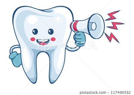 Cartoon of a tooth character making an announcement with a megaphone. Prevention, diagnosis and treatment of tooth and gum diseases. Dental hygiene and oral care. Tooth decay prevention 117490582