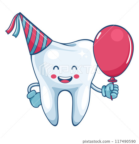 Tooth cartoon character celebrating dental health. Prevention, diagnosis and treatment of tooth and gum diseases. Dental hygiene and oral care. Tooth decay prevention. Health and medicine concept 117490590