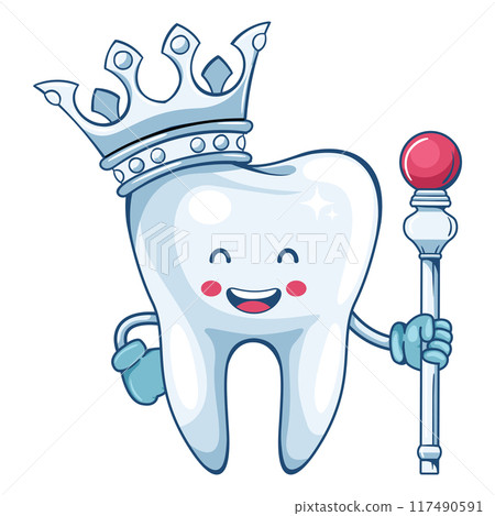 Cartoon character of a king tooth with crown and scepter in his reign. Prevention, diagnosis and treatment of tooth and gum diseases. Dental hygiene and oral care. Tooth decay prevention. Health and 117490591