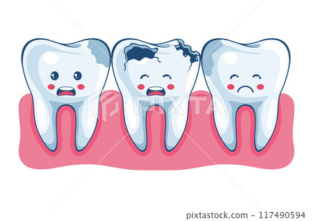 Sad rotten and decayed teeth cartoon character. Prevention and treatment of tooth and gum diseases. Dental hygiene and oral care. Tooth decay prevention. Health and medicine concept 117490594