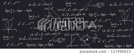 Math exercises, formulas and equations for calculus, algebra with black background. School and university notes, functions, potentiation, logarithms, notable products 117490815
