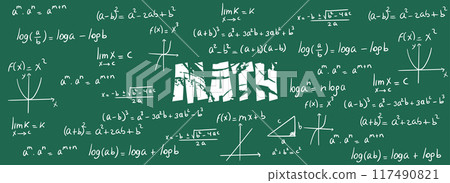 Math exercises, formulas and equations for calculus, algebra with green slate background. School and university notes, functions, potentiation, logarithms, notable products 117490821