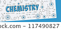 School and university notes on exercises, chemistry formulas and equations, organic chemistry, chemical reactions, structural formula, atoms of chemical elements, with grid sheet and blue background 117490827
