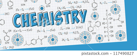School and university notes on exercises, chemistry formulas and equations, organic chemistry, chemical reactions, structural formula, atoms of chemical elements, with grid sheet and blue background 117490827