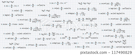 School and university notes on exercises, logarithmic, derivative, trigonometric, logarithmic, hyperbolic and inverse equations and formulas on graph paper background 117490829