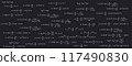 School and university notes on exercises, equations and formulas of logarithms, derivatives, trigonometric, logarithmic, hyperbolic and inverse on a black chalkboard background 117490830