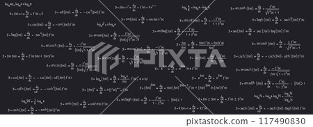 School and university notes on exercises, equations and formulas of logarithms, derivatives, trigonometric, logarithmic, hyperbolic and inverse on a black chalkboard background 117490830