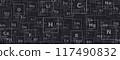 Black background of the chemical elements of the periodic table, atomic number, atomic weight, name and symbol of the element 117490832