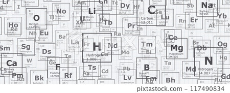 Background of the chemical elements of the periodic table, atomic number, atomic weight, name and symbol of the element on a grid sheet Background of the chemical elements of the periodic table, atomic number, atomic weight, name and symbol of the element on a grid sheet 117490834