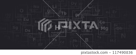 Background of the chemical elements of the periodic table with their atomic number, atomic weight, element name and symbol on a black background 117490836