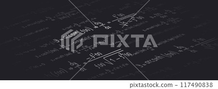 Logarithmic, derivative, trigonometric, logarithmic, hyperbolic and inverse equations and formulas on a black background in perspective 117490838