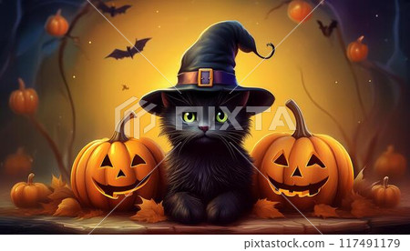 Illustration of Halloween pumpkin, black cat and witch hat 117491179