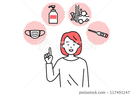 一位休閒女士介紹四項預防感染措施(口罩、消毒液、洗手、測溫) 一位休閒女士介紹四項預防感染措施(口罩、消毒液、洗手、測溫) 117491247