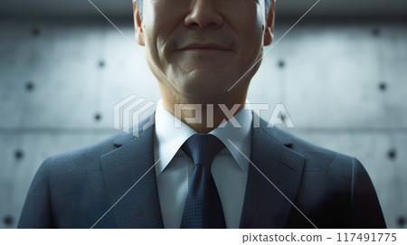 一名西裝革履的中年男子站在水泥牆前，狐疑地微笑著 117491775
