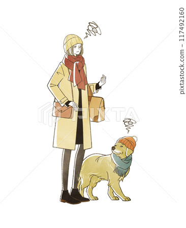A woman with a troubled expression and her dog traveling in winter A woman with a troubled expression and her dog traveling in winter 117492160
