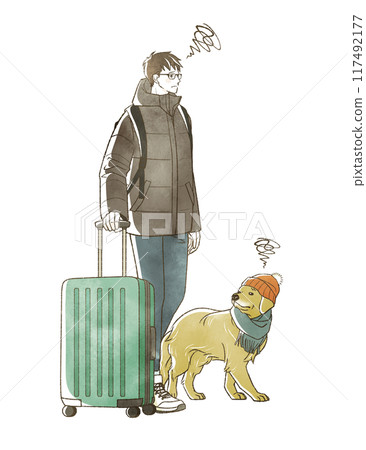 A troubled man and his dog traveling in winter 117492177
