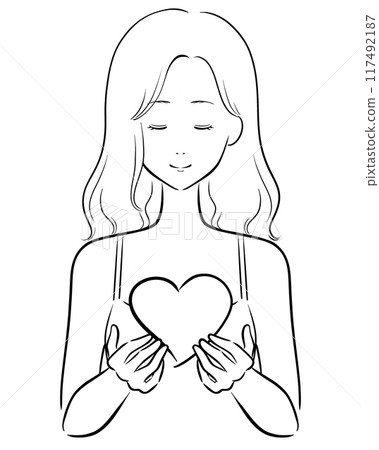 Heart girl line drawing black no bangs 117492187
