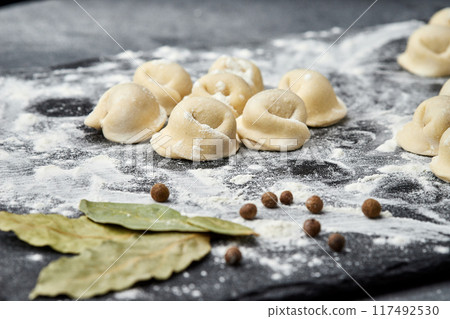 Handmade Ukrainian meat dumplings, ready for cooking, traditional varenyky with meat filling 117492530