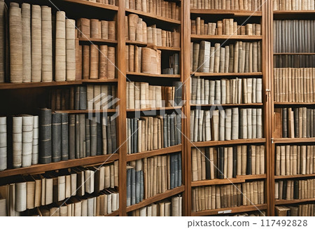 有很多舊書的書架 117492828