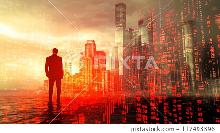 Businessman facing a falling stock chart with copy space 117493396