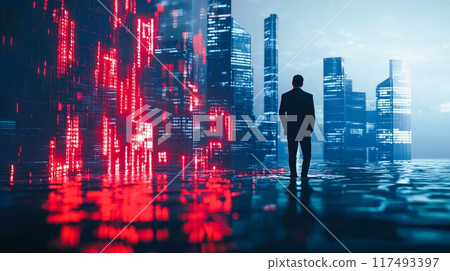 Businessman facing a falling stock chart with copy space 117493397