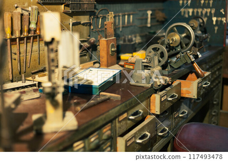 An old workshop and a turner's tool. Master of keys from the Middle East An old workshop and a turner's tool. Master of keys from the Middle East 117493478