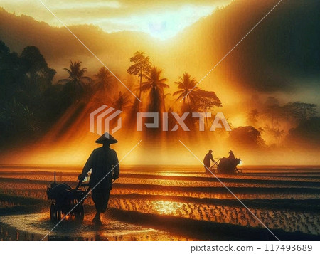 Male farmer plowing the rice field in the afternoon, horizontal view  117493689