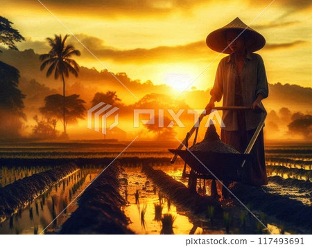 Silhouette illustration of a farmer plowing a rice field in the afternoon  117493691