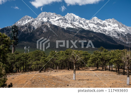 Beautiful view of Jade Dragon Snow Mountain (or Mt.Yulong) in Yulong Naxi Autonomous County, Lijiang, in Yunnan province, China. 117493693