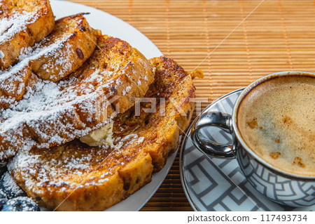 french toast on white plate for breakfast french toast on white plate for breakfast 117493734