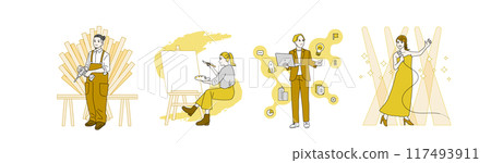 Illustrations of explorers of various professions, masters, adventurers, entrepreneurs, entertainers 117493911