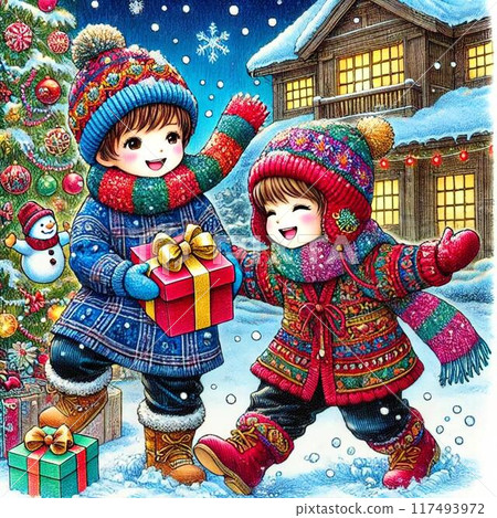 Illustration: Children playing with presents at Christmas 117493972