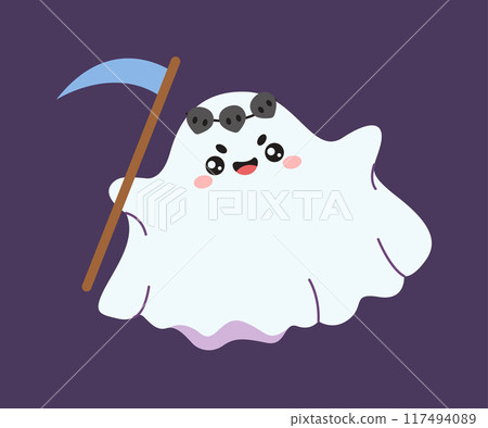 Child ghost with scythe in hands flat vector illustration Child ghost with scythe in hands flat vector illustration 117494089