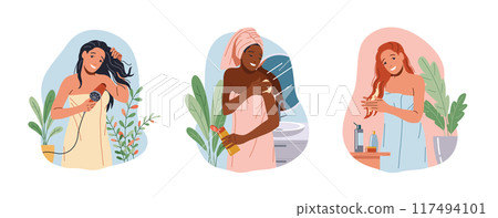 Smiling women enjoying spa treatment in bathroom icons set 117494101