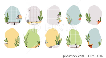 Color interior scenes with houseplants flat vector icon set 117494102