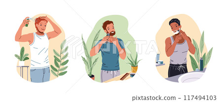 Multiracial guys grooming procedures flat vector icon set 117494103