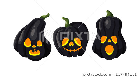 Evil black Halloweens pumpkin objects flat color vector icon set 117494111
